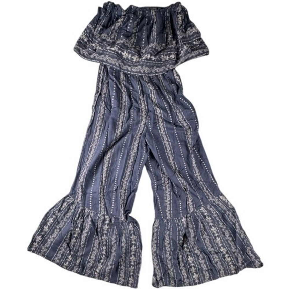 Japna Jumpsuit Womens XS Navy Blue Floral Stripe Strapless Wide Leg Bell Bottom